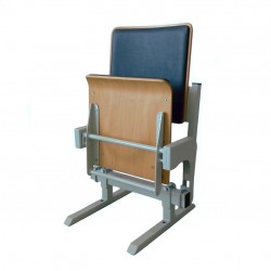 Gravity tilting auditorium seat, made of beech plywood with upholstery pad