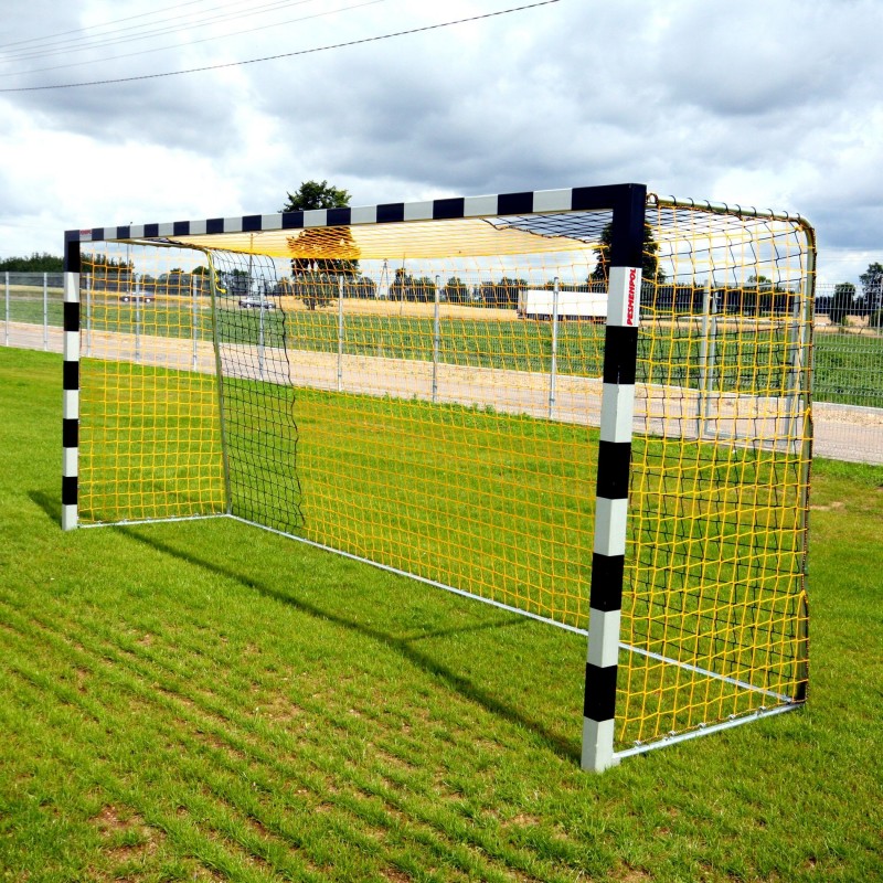 Football goals 5x2 m, square profile, extended, mounted in the sleeves