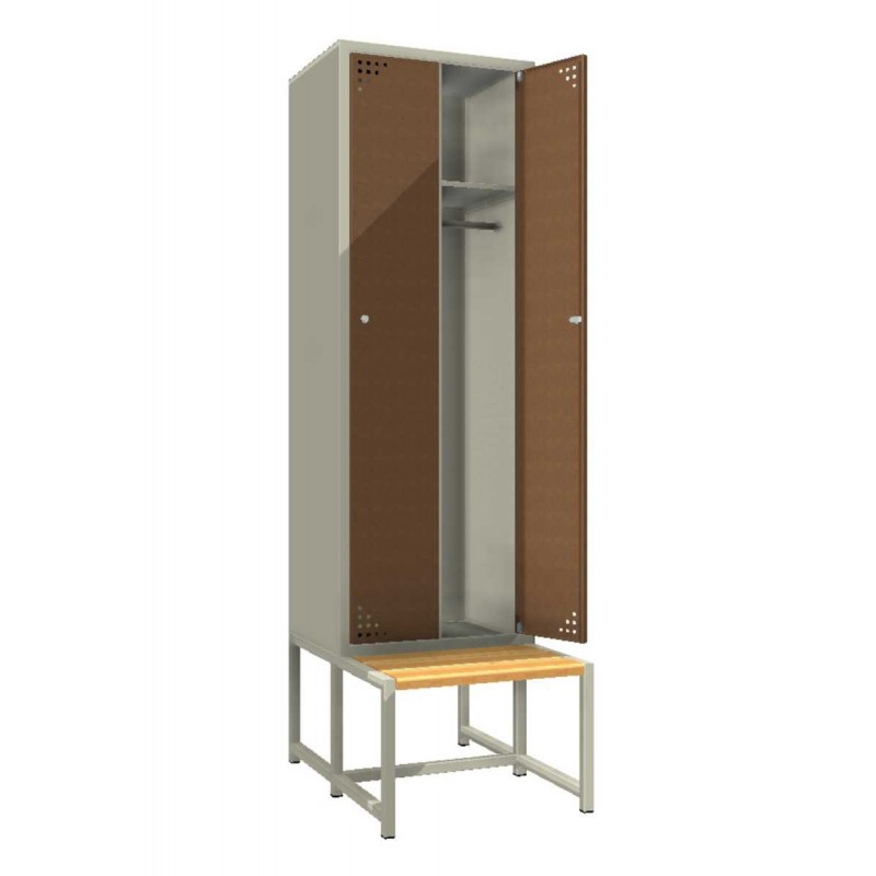 Double steel clothes locker with a bench