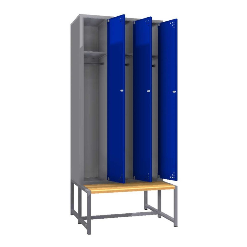Triple steel clothes locker with a bench Triple steel clothes locker with a bench