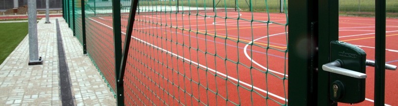 Protective nets and structures for fixing nets in halls and sports fields