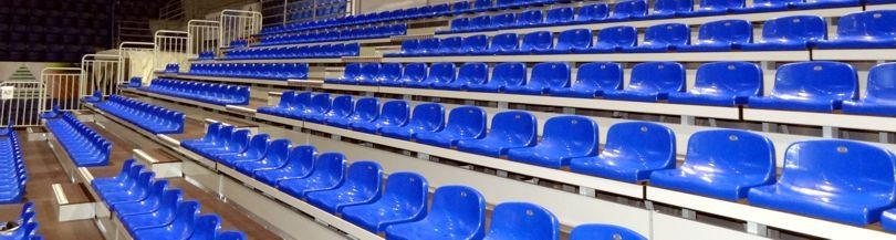 Retractable bleachers, stationary sports tribunes, spectator seats and benches