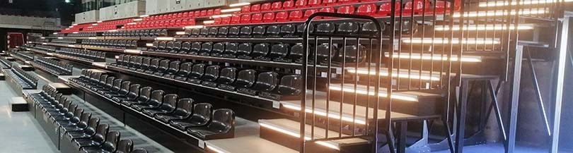 Retractable bleachers, stationary sports tribunes, spectator seats and benches