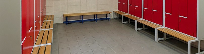 Benches and hangers for sports cloakrooms, trolleys, lockers and storage racks