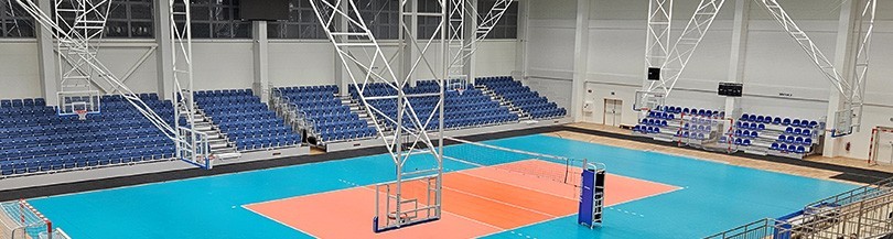 Suspended basketball structures with electric drive (ceiling mounted baskets)