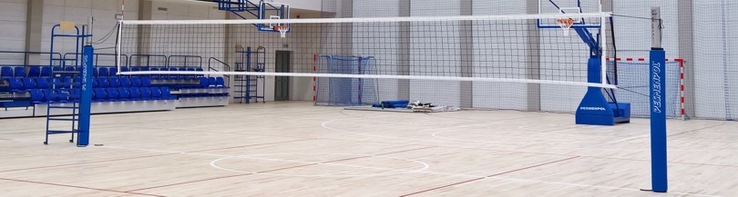 Aluminum and steel volleyball posts, wall rails with adjustable net height